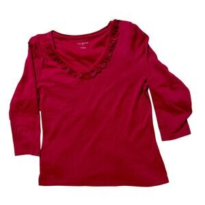 Talbots Red Ruffle-Trim V-Neck Top – 3/4 Sleeve – Size L